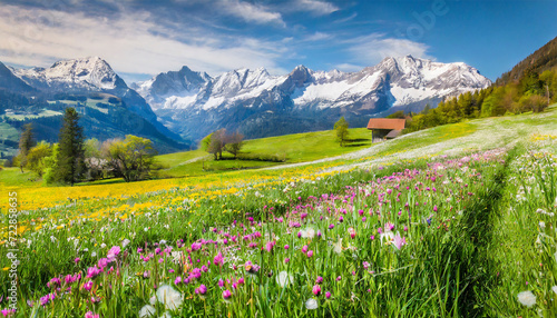 Picturesque Alpine Landscape with Blossoming Meadows in Spring