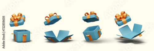 Opened empty gift box. Festive packaging mockup with wrapper, ribbon, bow