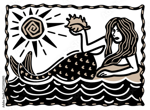 Mermaid with seashell on the rock in the sea under the sun. Brazilian cordel style. Woodcut illustration.