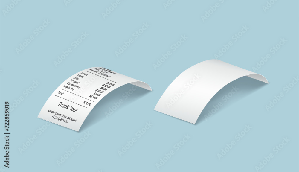 Paper bills realistic vector illustration set. Blank and filled receipts for purchases in shop. Financial documents 3d elements on light blue Paper bills realistic vector illustration set. Blank and filled receipts for purchases in shop. Financial documents 3d elements on light blue