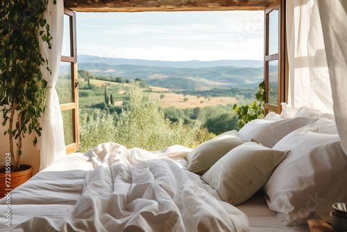 Ein Bett vor einem offenen Fenster mit traumhafter Aussicht in die Natur  photo