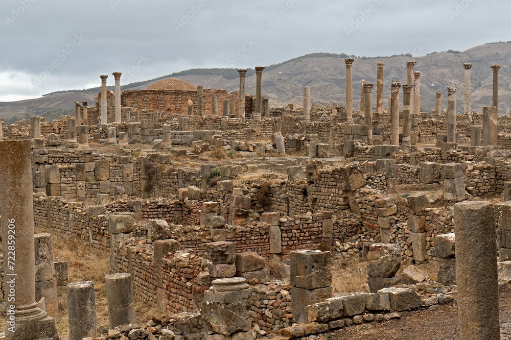 View of the ruins of the Roman city of Djemila. Christian Baptismal Area. The city was inhabited from 1.-6. century AD. Today a UNESCO World Heritage Site. Algeria. Africa.