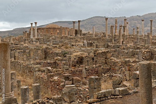 View of the ruins of the Roman city of Djemila. Christian Baptismal Area. The city was inhabited from 1.-6. century AD. Today a UNESCO World Heritage Site. Algeria. Africa.