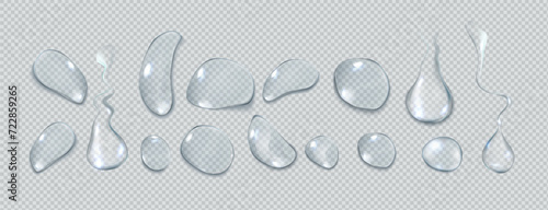 Clear liquid blobs group realistic vector illustration set. Irregular water drops upper view. Droplets 3d elements on transparent background