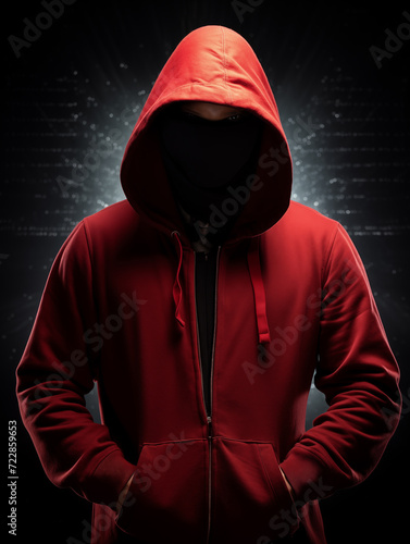 AI generated illustration of a hacker wearing a red hoodie and a black mask, concealing identity