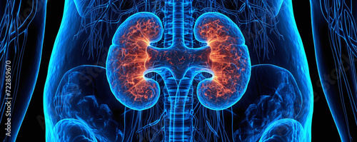AI generated illustration of human kidneys and vascular system against a dark backdrop photo