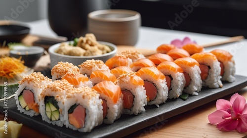 Delicious salmon sushi roll set on plate in restaurant background. Fresh and healthy seafood illustration.