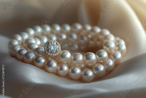A luxurious pearl necklace alongside vintage diamond earrings displayed on a silk backdrop, capturing timeless elegance. 