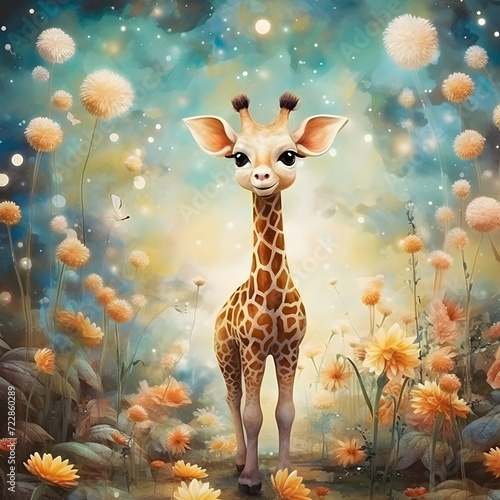 fairy tale giraffe  magical  pastel yellow background