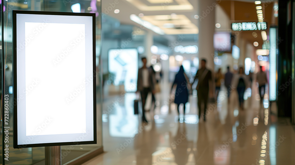 A white billboard in the mall, people walking in the background. Place for text or image, Advertising A white billboard in the mall, people walking in the background. Place for text or image, Advertising