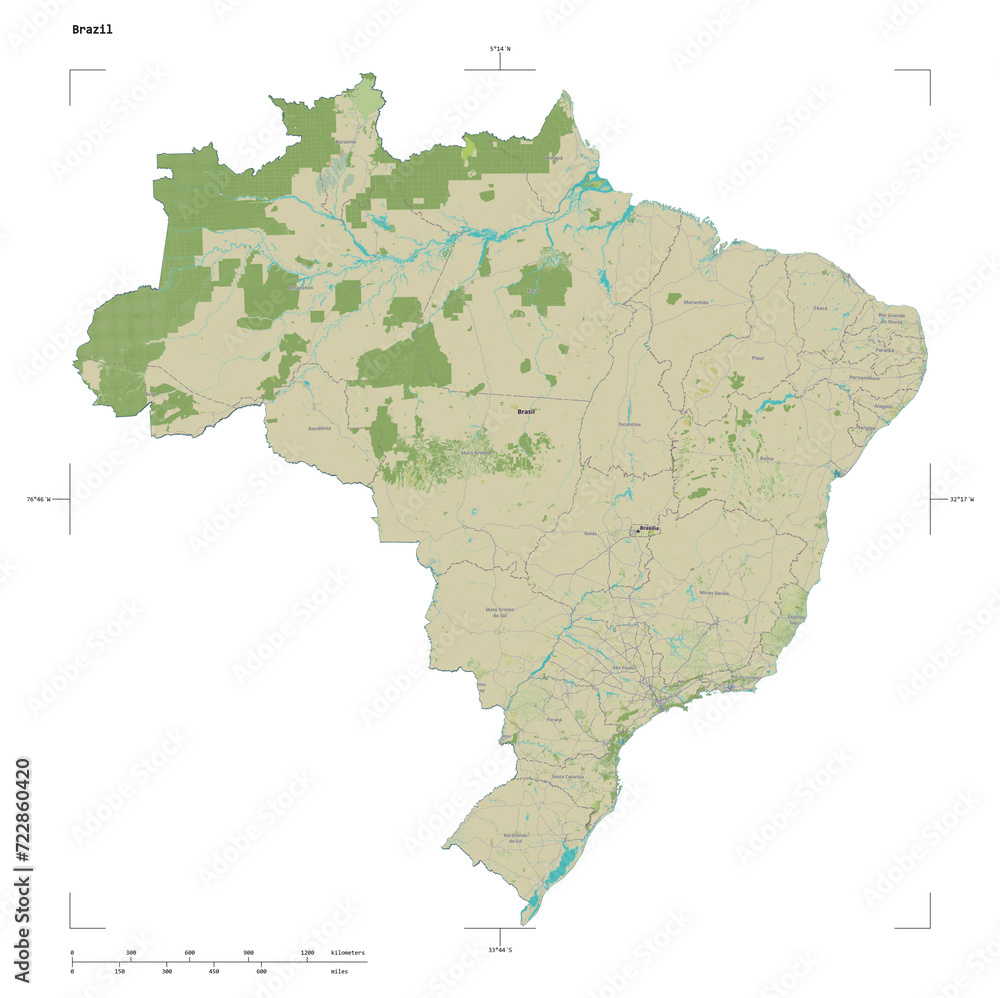 Brazil shape isolated on white. OSM Topographic Humanitarian style map