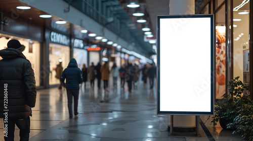 A white billboard in the mall, people walking in the background. Place for text or image, Advertising