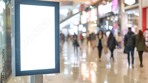 A white billboard in the mall, people walking in the background. Place for text or image, Advertising