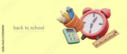 Concept of back to school. Realistic cup with brush, pen and pencil, green calculator, wooden ruler