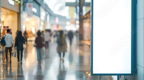 A white billboard in the mall, people walking in the background. Place for text or image, Advertising