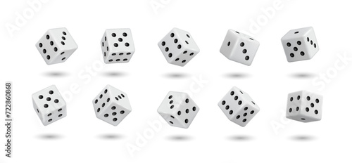 Flying white dices of casino realistic vector illustration set. Throwing cubes to win bet 3d elements on white background. Gambling games