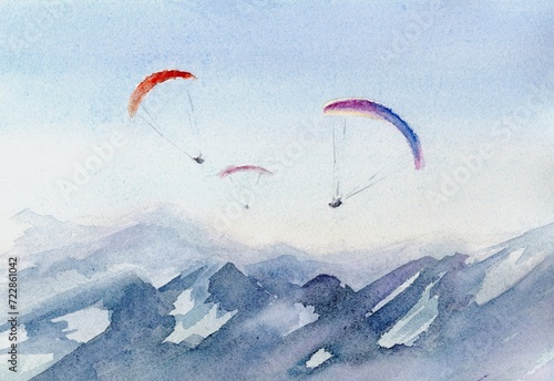Hang gliders in the sky above mountains, watercolor hand drawn illustration photo