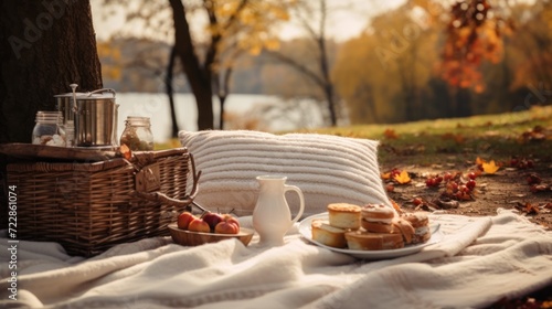 Picnic in autumn park. Lifestyle background.