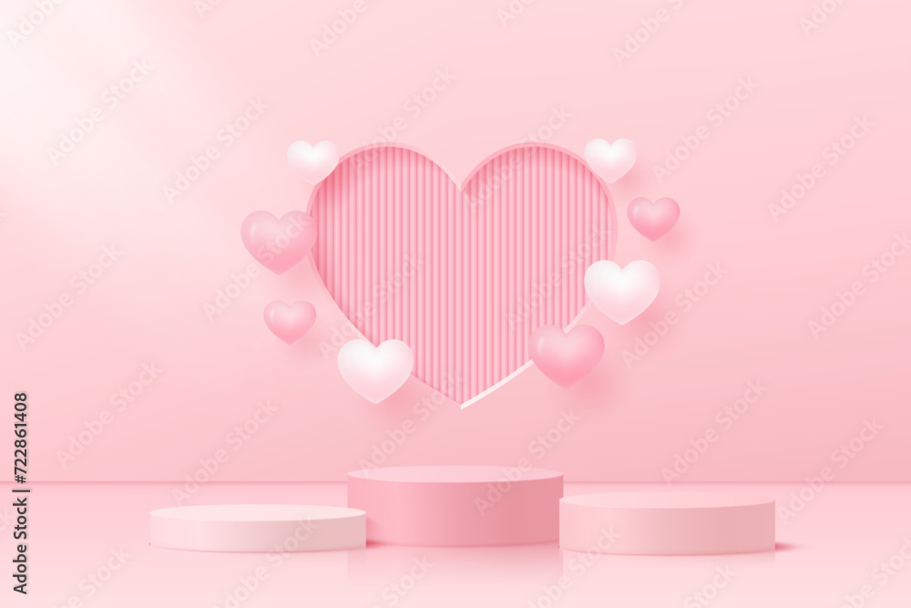 Minimal pink podium with floating hearts and heart shape window  with pink room. Valentine’s day scene for product display, presentation, advertising.