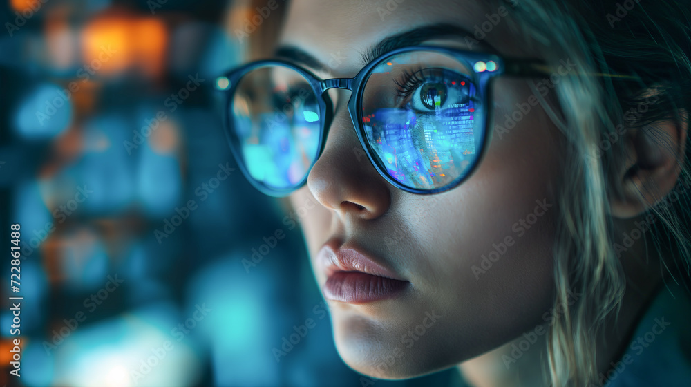 Female engineer designs AI technology with reflection on eyeglass lenses Female engineer designs AI technology with reflection on eyeglass lenses