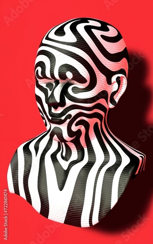 Create an optical illusion of black and white wavy lines that form a woman's face with a striped mask