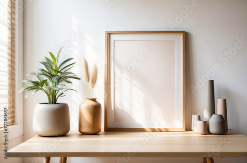 wooden frame mock up and sunlit through the window