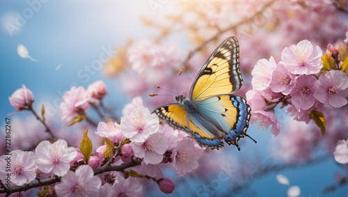 Spring banner, branches of blossoming cherry against background of blue sky and butterflies on nature outdoors. Pink sakura flowers, dreamy romantic image spring, landscape panorama, Ai image 