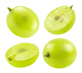 Collection Green grapes and sliced grape halves at different angles isolated on a transparent background.