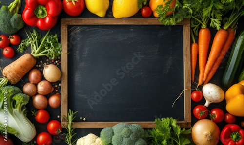 vegetables are placed to the left of the black board. 