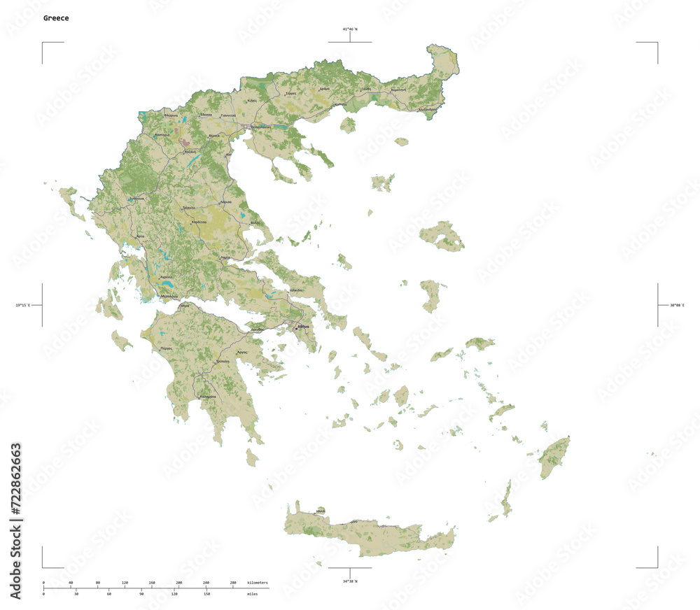 Greece shape isolated on white. OSM Topographic Humanitarian style map