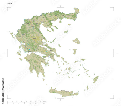 Greece shape isolated on white. OSM Topographic Humanitarian style map