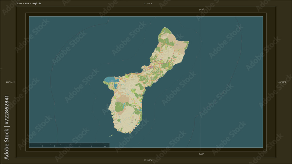 Guam - USA composition. OSM Topographic Humanitarian style map