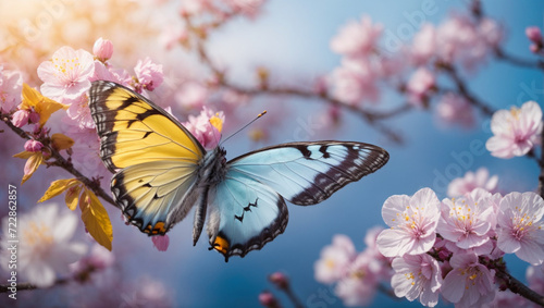 Spring banner, branches of blossoming cherry against background of blue sky and butterflies on nature outdoors. Pink sakura flowers, dreamy romantic image spring, landscape panorama, Ai image 