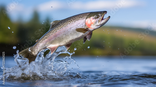 Rainbow freshwater fish trout in the wild river jumping out of river. Fishing concept. Fishing trophy.
 photo