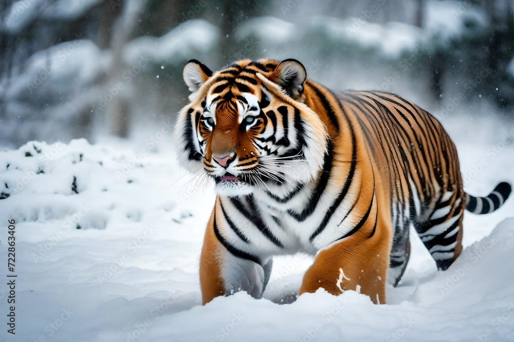 Describe the adorable antics of a cute tiger frolicking in the snow on a winter day.