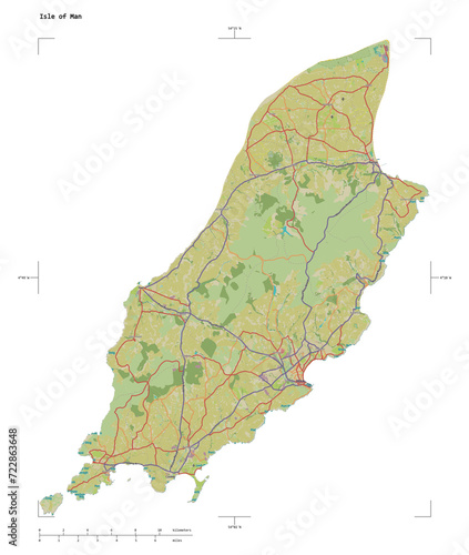 Isle of Man shape isolated on white. OSM Topographic Humanitarian style map