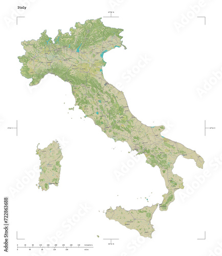 Italy shape isolated on white. OSM Topographic Humanitarian style map