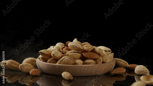 almonds，organic badam falling on table. photo