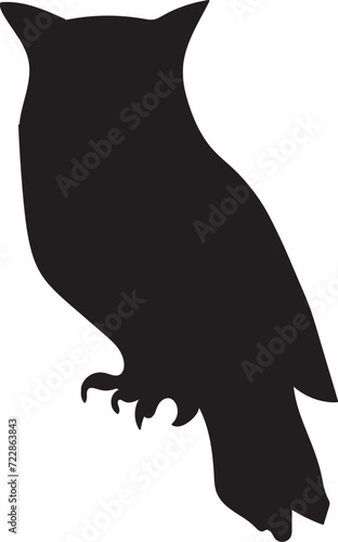Black silhouette sitting owl bird body, fairy tale Halloween character. Creepy shadow outline of nocturnal sitting owl scarecrow. Simple black and white Vector isolated on white background