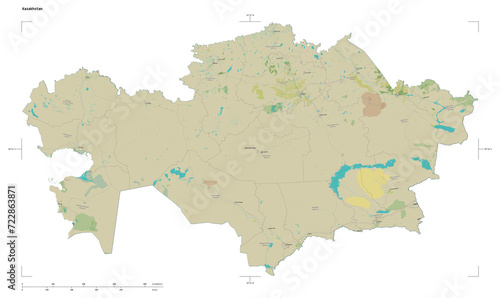 Kazakhstan shape isolated on white. OSM Topographic Humanitarian style map