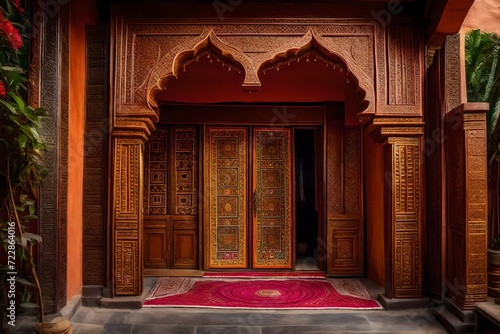 Explore the cultural richness as you describe a traditional Indian home entrance embellished with an intricate rangoli design.