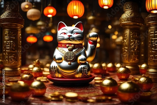 Illustrate the charming scene of a Maneki-neko surrounded by money, embodying the traditional belief in prosperity and good fortune.