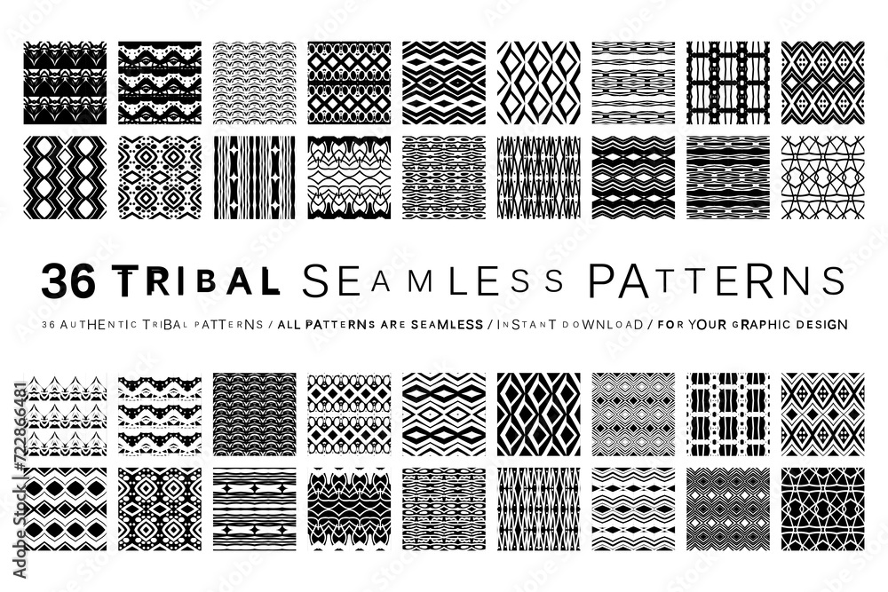 Set of 36 tribal seamless patterns - obrazy, fototapety, plakaty 