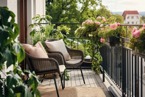 Beautiful balcony with two chair and green potted flowers plants. Cozy relaxing area at home. Sunny stylish balcony in the city, Generative AI 