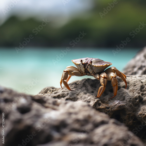 a crab sitting on top of a rock on a beach