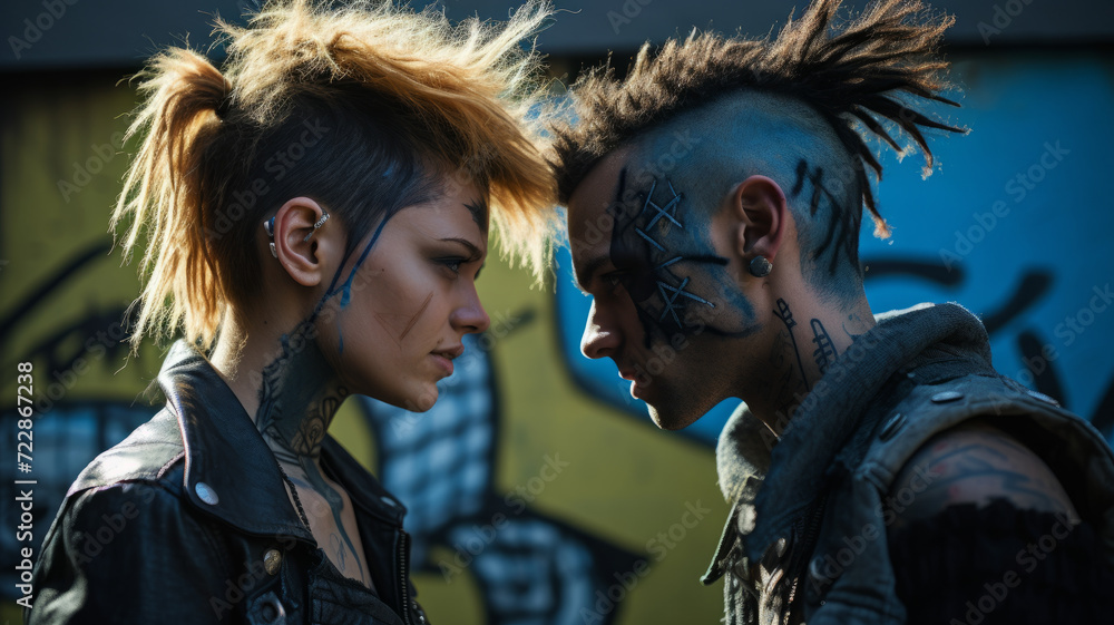 Punk man and girl with mohawk and leather jacket walk defiantly in ...