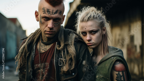 A defiant punk duo in a post-apocalyptic urban landscape.