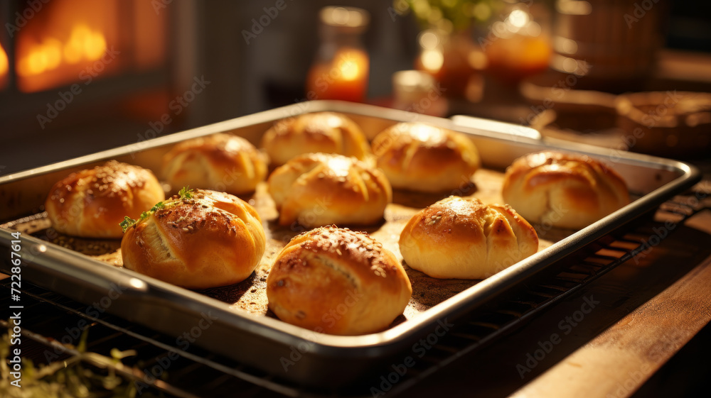 Close-up of freshly baked rolls being retrieved from the oven, creating a cozy, comforting scene in a warm kitchen. Close-up of freshly baked rolls being retrieved from the oven, creating a cozy, comforting scene in a warm kitchen.
