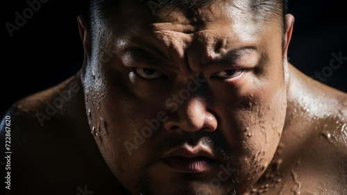 Sumo wrestler, intense concentration, sweat. Dramatic portrait.