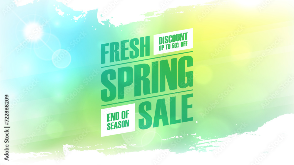 Fresh Spring Sale. Springtime season commercial background with spring sun, blurred colors and white brush strokes for business, seasonal shopping promotion and sale advertising. Vector illustration. - obrazy, fototapety, plakaty 